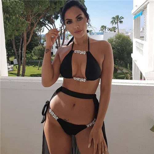 2019 Summer Swimwear Women Sequin Rhinestone Crystal Diamond Thong Bikini Set Brazilian Bikinis Swimsuit Bathing Suit