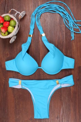 Sexy Women Suumer Beach Solid Swimwear Padded Bra Thong Bikini Set Push up Beach Bathing Swimsuit