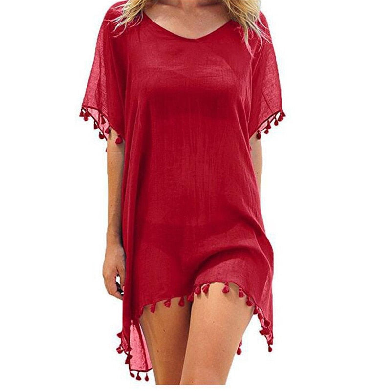 2021 Chiffon Tassels Beach Wear Women Swimsuit Cover Up Swimwear Bathing Suits Summer Mini Dress Loose Solid Pareo Cover Ups