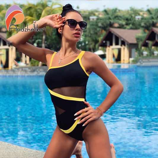 Andzhelika Sexy One Shoulder One Piece Swimsuit 2022 New Off Shoulder Mesh Patchwork Swimwear Bodysuit Bathing Suit Monokini