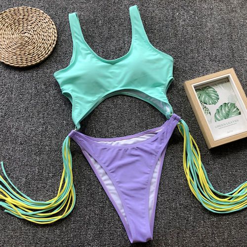 Splicing High Cut Out One Piece Swimsuit Women Tassel Swimwear Female Sexy Bathing Suit String Leopard bikini 2022 Monokini Lady