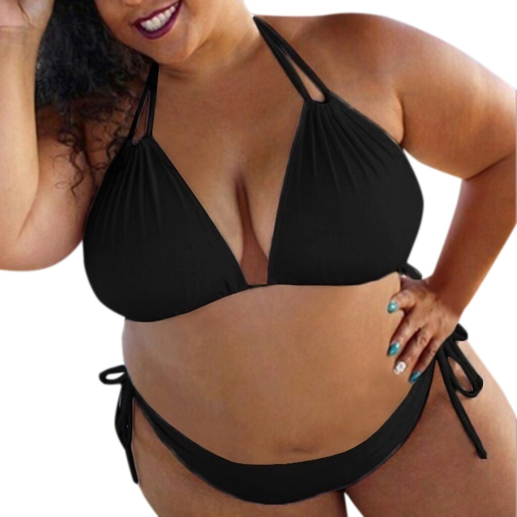 Sexy Plus Size Swimsuit Bikini Set Women Solid Color Lace-Up Halter Swimming Suit Bikinis Solid Black White Wine Red Swimwear