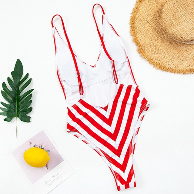 New Sexy Backless Striped Women Swimwear One Piece Swimsuit Female monokini High cut Trikini V Neck Bathing Suit Swim Bodysuit