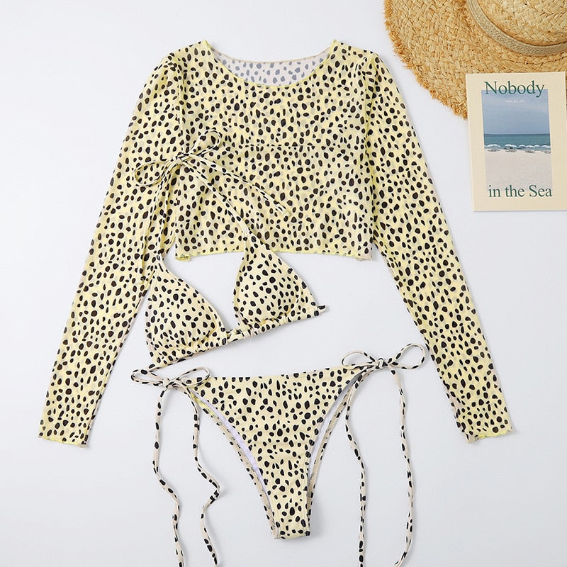 Leopard Print 3-Piece Long Sleeve Bikini Set