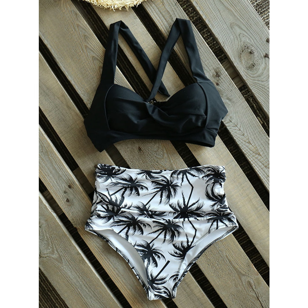 Halter Print High Waist Bodysuit Bikini Set