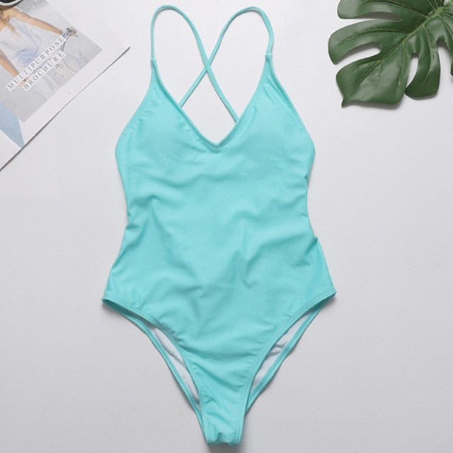 2022 V Neck Scrunch Butt Female Swimwear One Piece Swimsuit Women Backless Monokini Sexy High cut Bathing Suit Swim Bodysuit