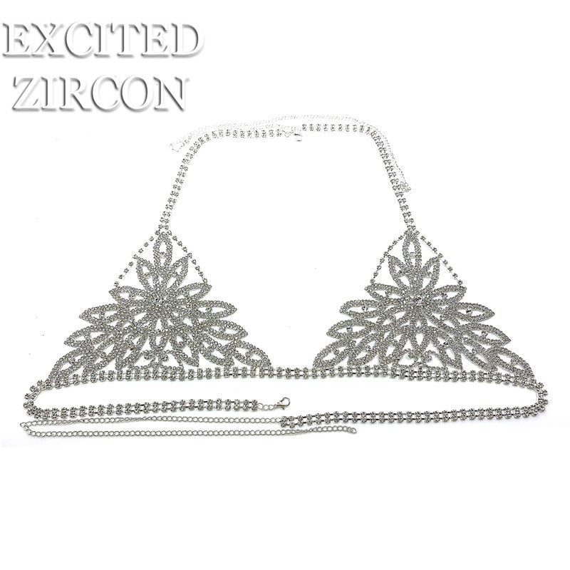 Fashion Luxury Women's Zircon Crystal Flower Leaf Tight Chain Suit Exquisite Shiny Sexy Bra Thong Bikini Jewelry Accessories