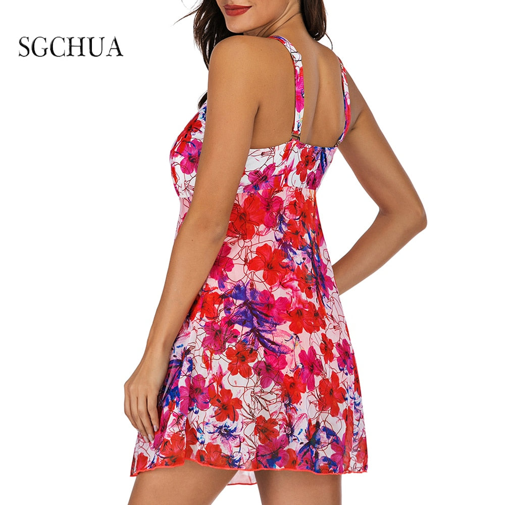 SGCHUA 2020 Print White Crane Large Size 5XL One Piece Swimsuit for Fat Big Plus XXXL Swimwear with Skirt Slim Bathing Suit