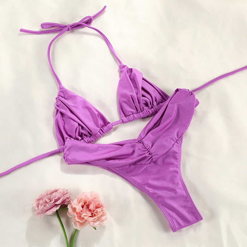 High Cut Print & Solid Bikini Set