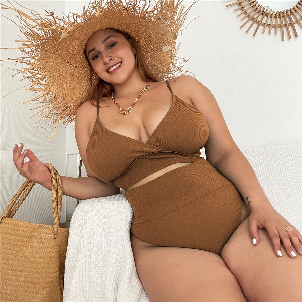 Womens swimwear high waist bikini set solid color plus size Big Breast swimsuit strappy sexy bather Swimming Wear Bathing Suit