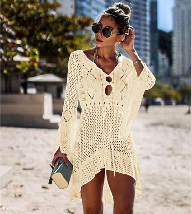 New Crochet Cover Ups Lace Hollow Swimsuit Beach Dress Women Summer Lady Cover-Ups Bathing Suit Beach Wear Tunic Bikini Blouse