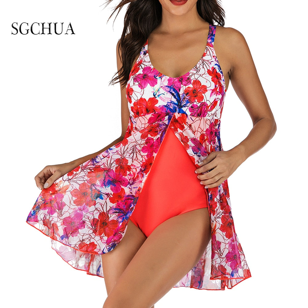 SGCHUA 2020 Print White Crane Large Size 5XL One Piece Swimsuit for Fat Big Plus XXXL Swimwear with Skirt Slim Bathing Suit