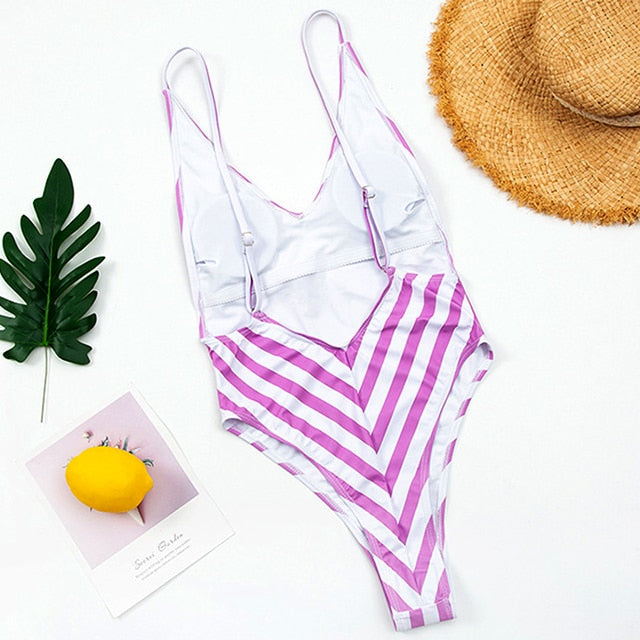 New Sexy Backless Striped Women Swimwear One Piece Swimsuit Female monokini High cut Trikini V Neck Bathing Suit Swim Bodysuit