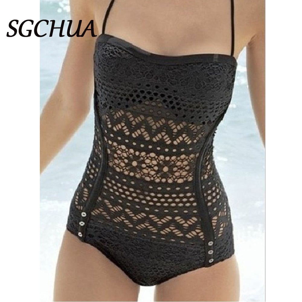 Sexy Backless One Piece Bikini Swimsuit Hollow Out Bosyduit Solid Black Mesh Slimming Bathing Suit Halter Push Up Bathing Suit