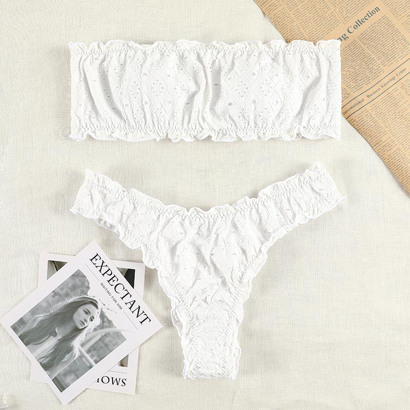 Ruffled Hollow Out Thong Bandeau Bikini Set