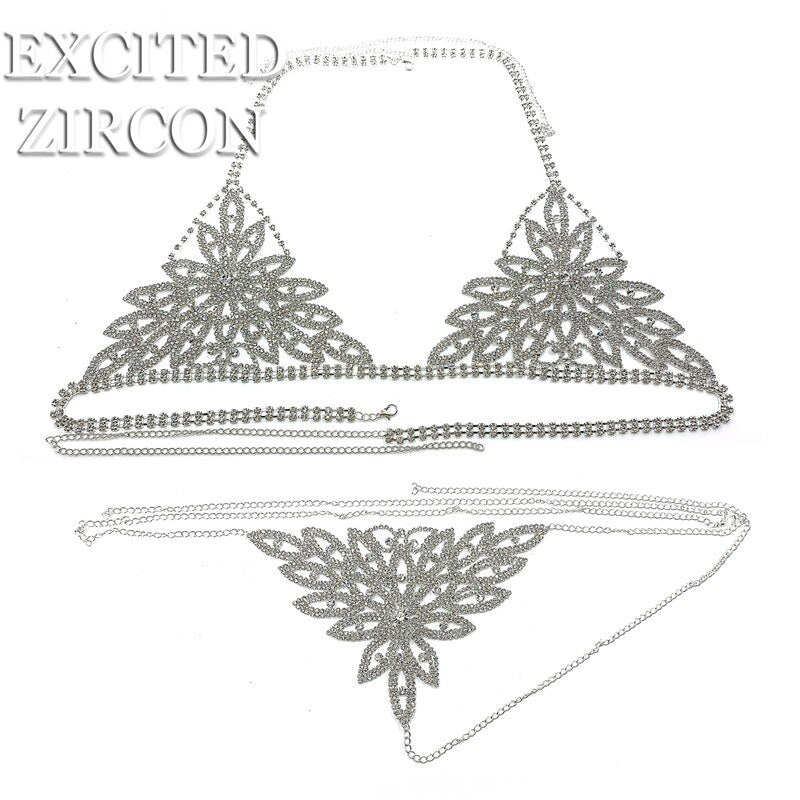 Fashion Luxury Women's Zircon Crystal Flower Leaf Tight Chain Suit Exquisite Shiny Sexy Bra Thong Bikini Jewelry Accessories