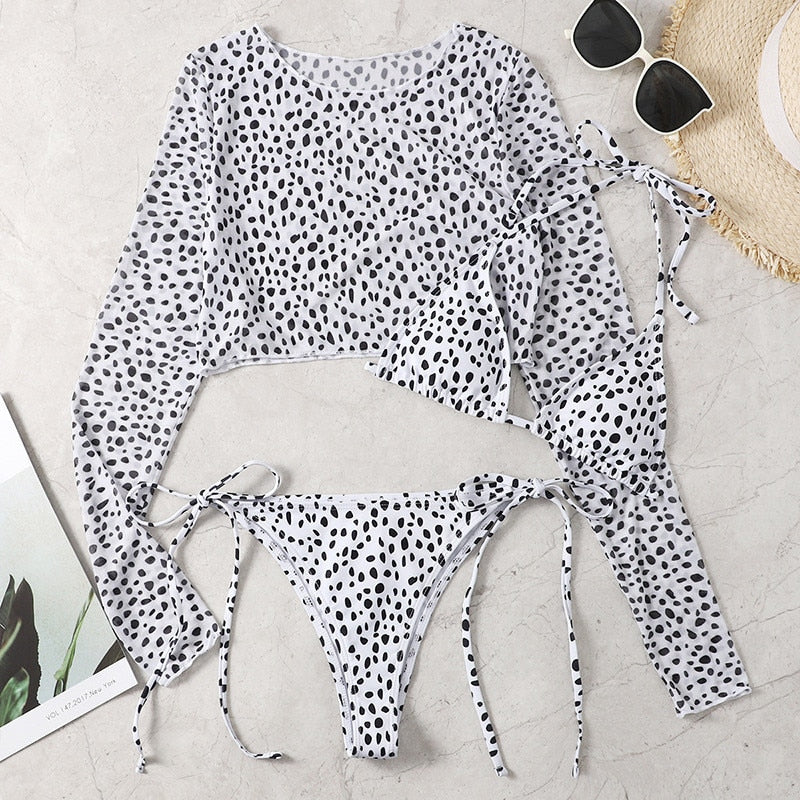 Leopard Print 3-Piece Long Sleeve Bikini Set
