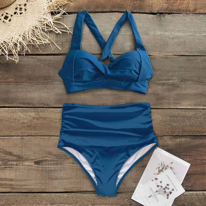 Halter Print High Waist Bodysuit Bikini Set