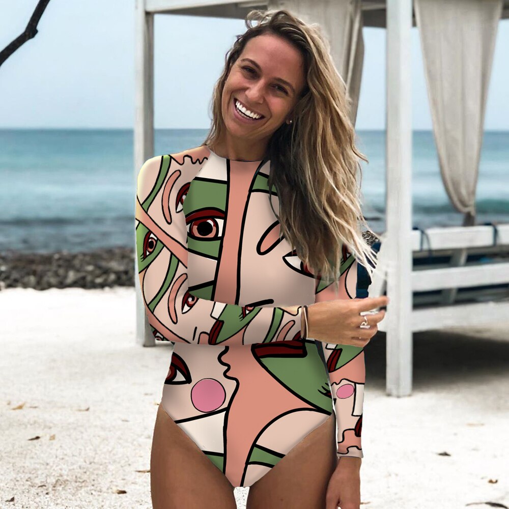 2021 Swimwear Women Print Floral One Piece Swimsuit Long Sleeve Bathing Suit Retro Swimsuit Vintage Beach wear Surfing Swim Suit