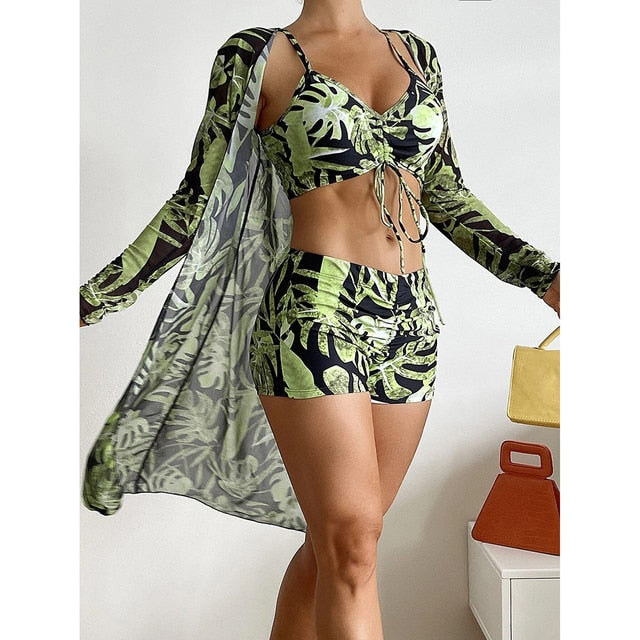 3-Piece High Waist Long Sleeve Bikini Set