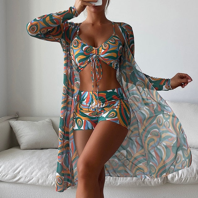 3-Piece High Waist Long Sleeve Bikini Set