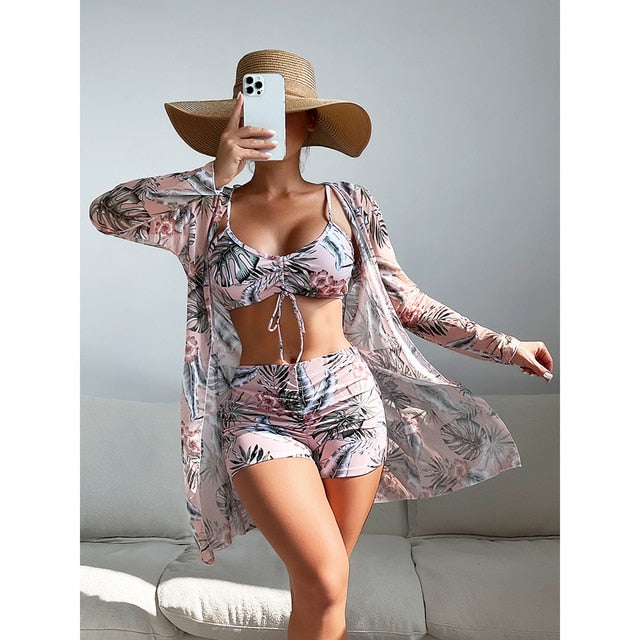 3-Piece High Waist Long Sleeve Bikini Set