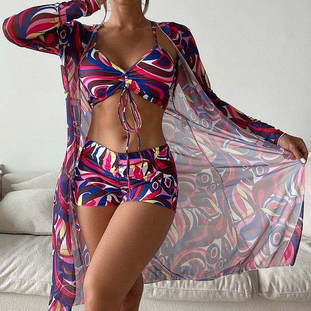 3-Piece High Waist Long Sleeve Bikini Set