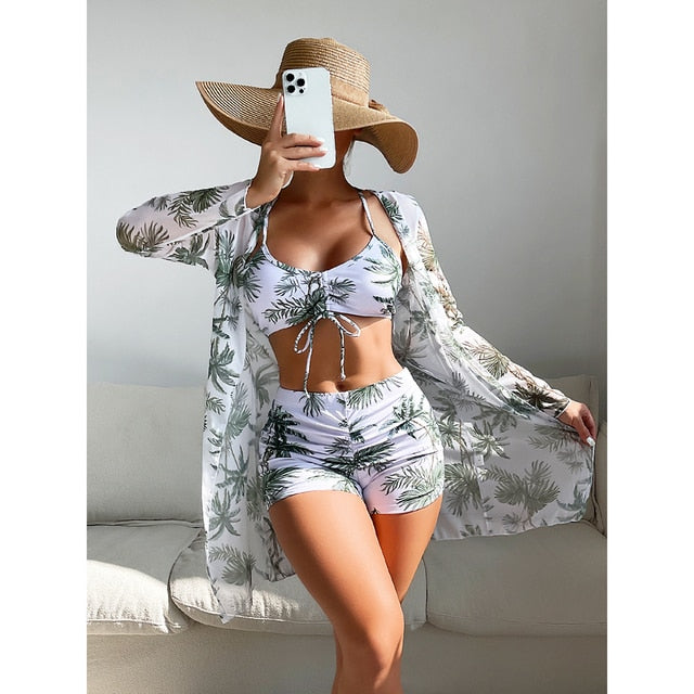 3-Piece High Waist Long Sleeve Bikini Set
