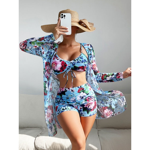 3-Piece High Waist Long Sleeve Bikini Set