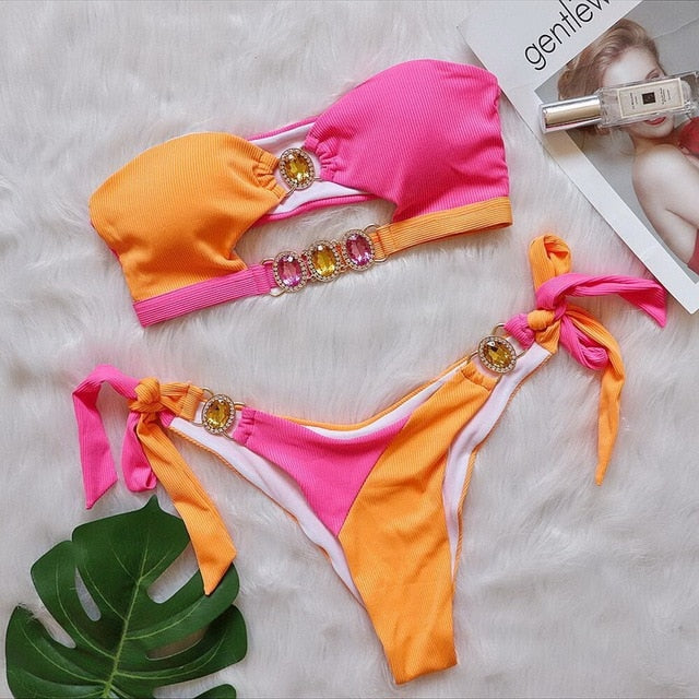 Luxury Rhinestone Push Up Bandeau Bikini