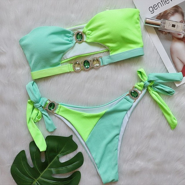 Luxury Rhinestone Push Up Bandeau Bikini