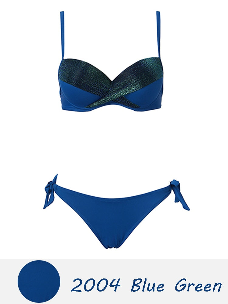 Halter Bandage Solid Push Up Bikini Set