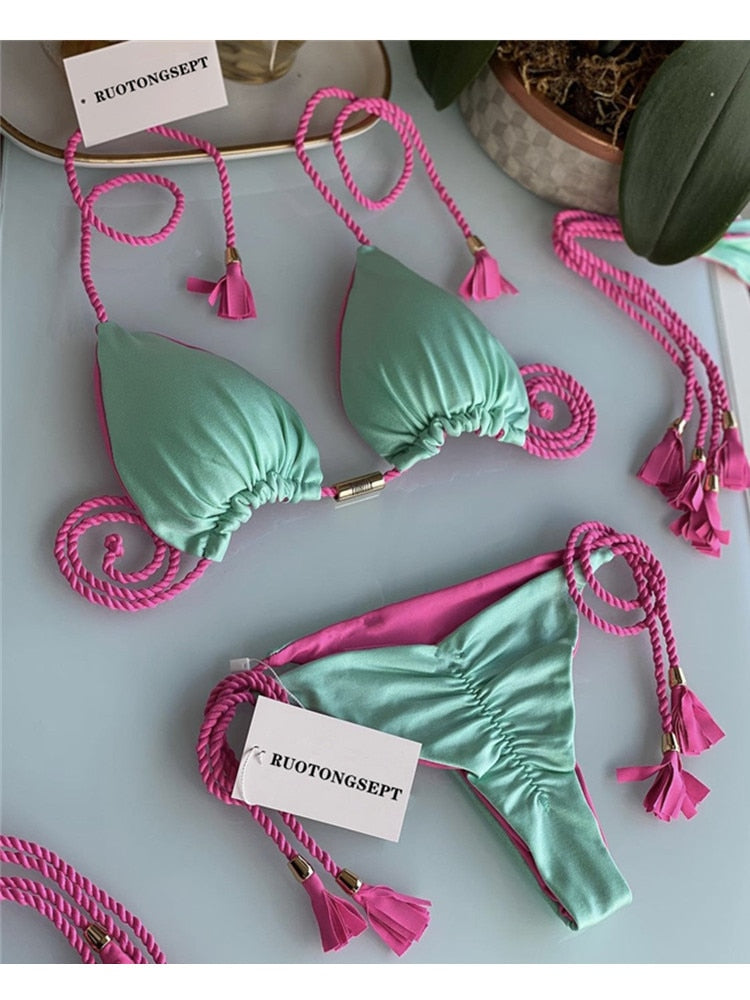 Blue Triangle Bandage Thong Bikini Set