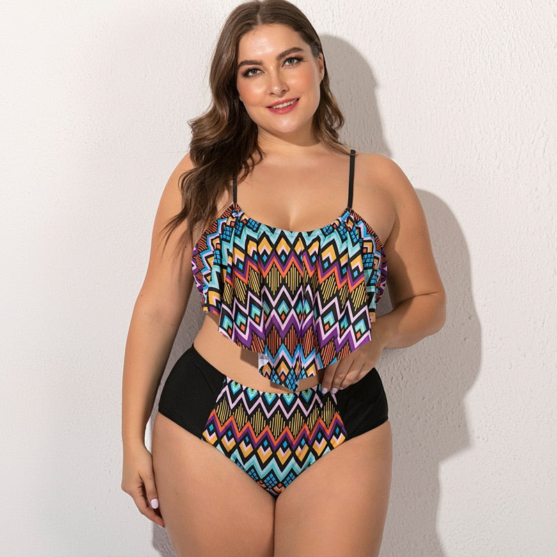 2021 Summer Plus Size Two Pieces Women's Bikinis Set Cactus/Letter Printed Ruffle Big Swimsuit Large Female Swimming Suits 5XL