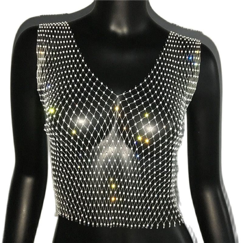 Rhinestone Mesh See-Through Crop Top