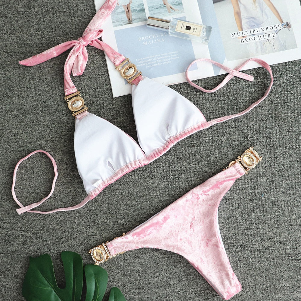 Crystal Bikini Set Bandage Velvet Pink Swimwear Swimsuit Bathing Suit Women Sexy Thong Bikini Gold Crystal Stone Beach Wear