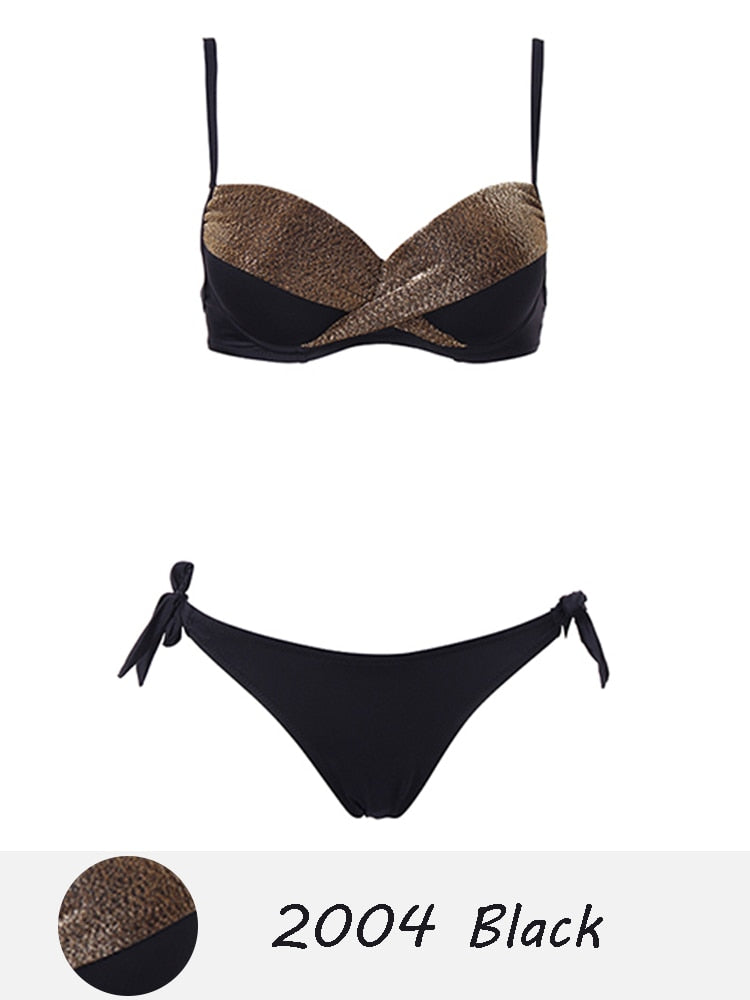Halter Bandage Solid Push Up Bikini Set