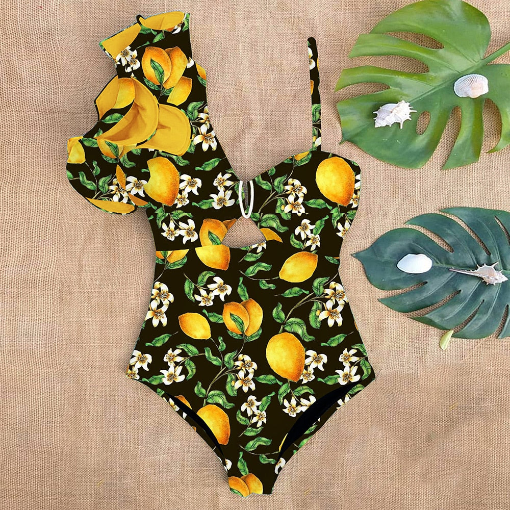 Sexy One Shoulder Ruffle One Piece Swimsuit Print Floral Swimwear Women Swimsuit Bathing Suit Beachwear Monokini