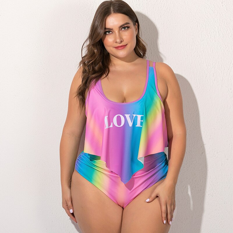 2021 Summer Plus Size Two Pieces Women's Bikinis Set Cactus/Letter Printed Ruffle Big Swimsuit Large Female Swimming Suits 5XL