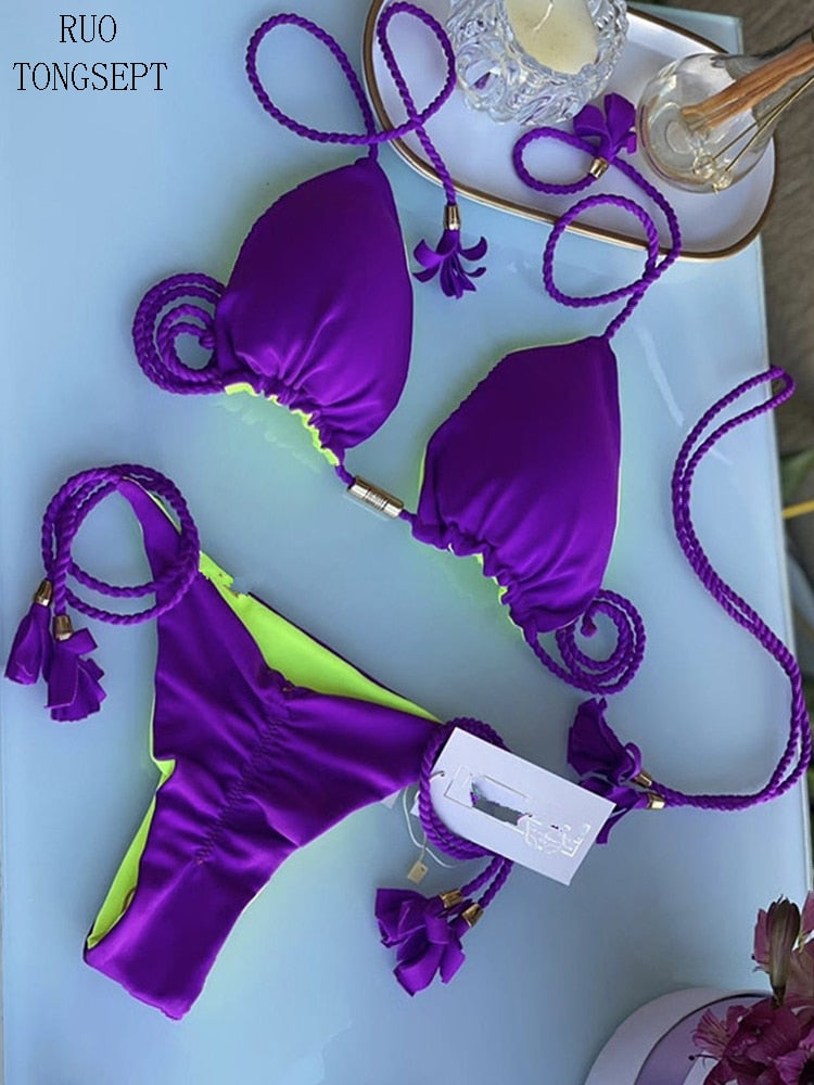 Blue Triangle Bandage Thong Bikini Set