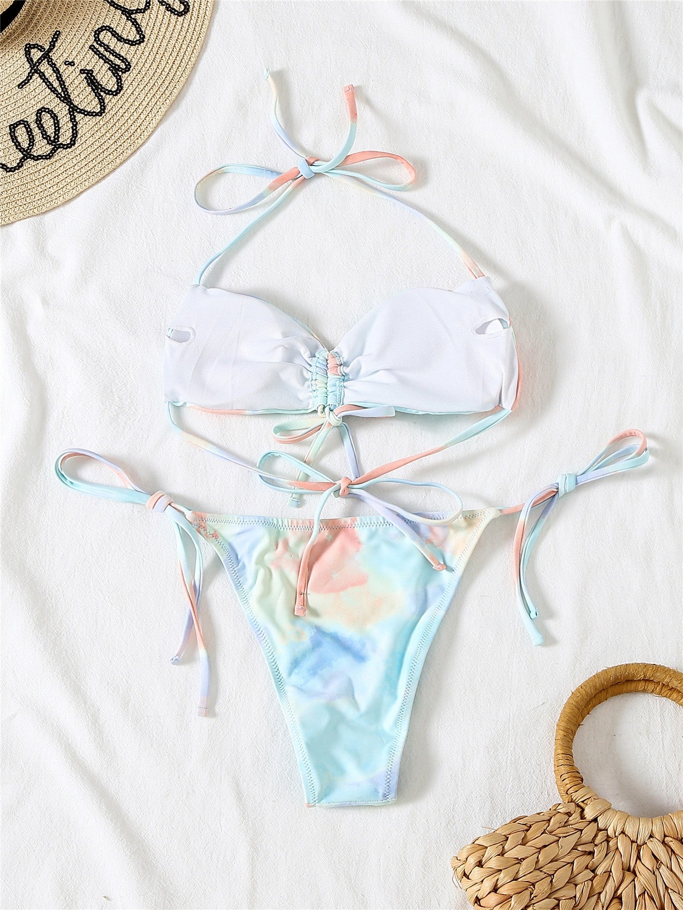 Tie Dye Drawstring Front Thong Bikini Swimsuit Women Two Piece Swimwear 2023 Bikini Set Summer Beach Bathing Suit