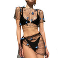 Women's Bikini Cover-up Set Mesh Sheer Three-dimensional Butterfly Decoration Short Sleeve Crop Tops Tie-up Sarong Wrap Skirt