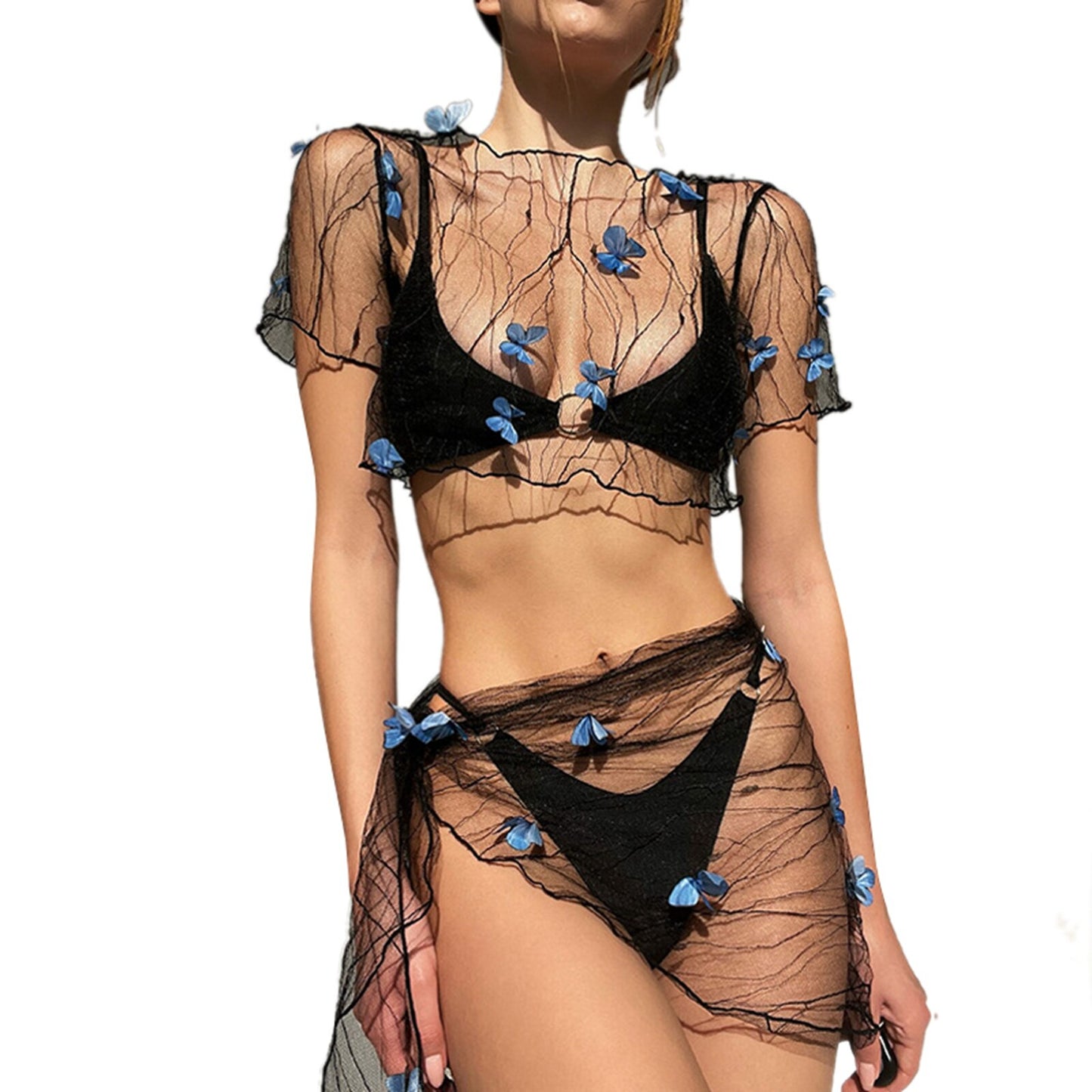 Women's Bikini Cover-up Set Mesh Sheer Three-dimensional Butterfly Decoration Short Sleeve Crop Tops Tie-up Sarong Wrap Skirt