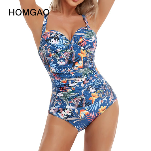 HOMGAO Sexy Push Up Women's One Piece Swimsuits Large Size Shirred Swimwear Vintage Bodysuit Tummy Control Bathing Suits L-4XL