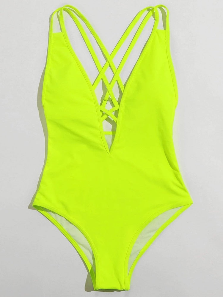 2022 New One Piece Bikini Cross Solid Color Ladies Swimwear Deep Neck Sexy Summer Swimsuit Ages 18-35 Years Old Terylene