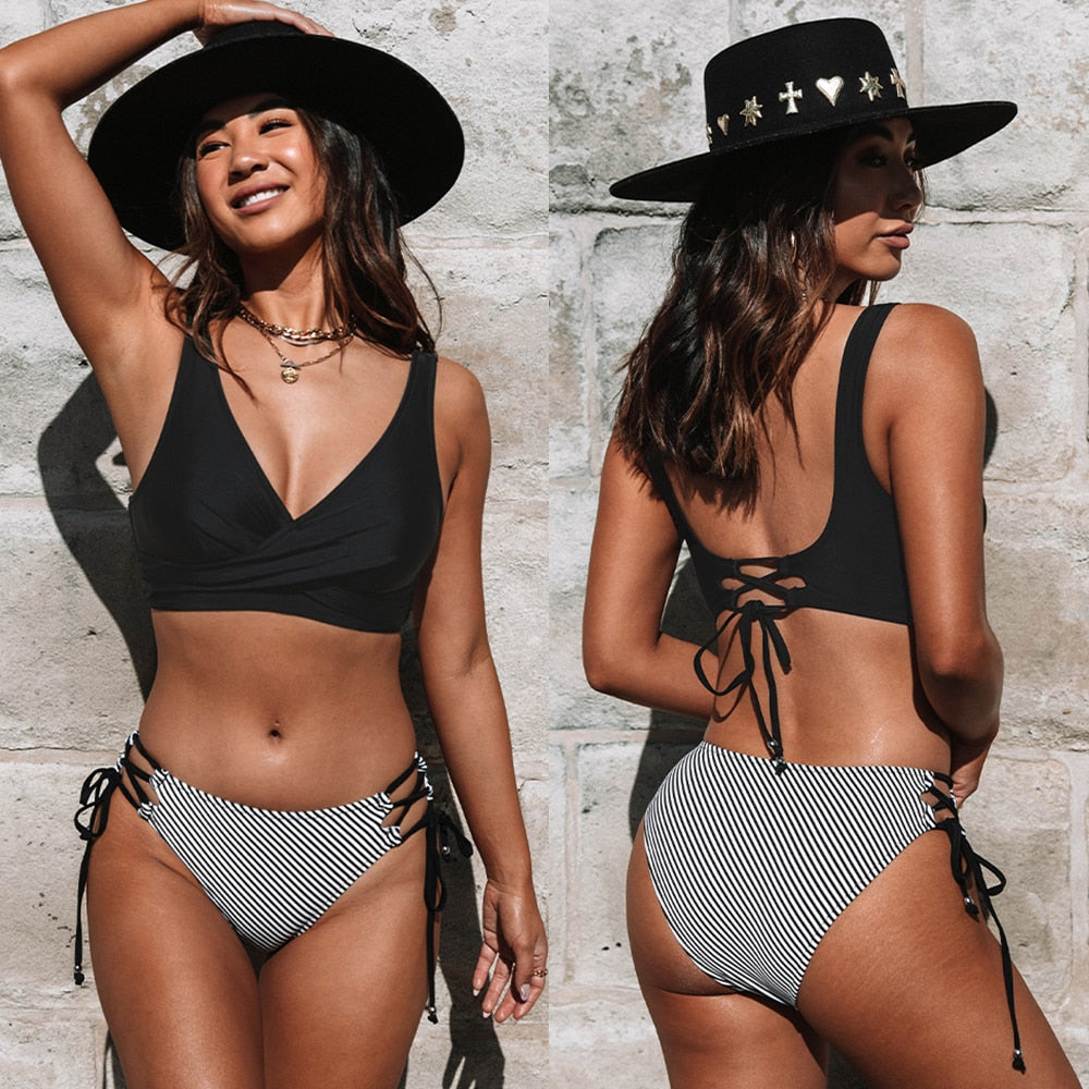 Yellow Lemon Print Lace Up Mid-Waist Bikini Set