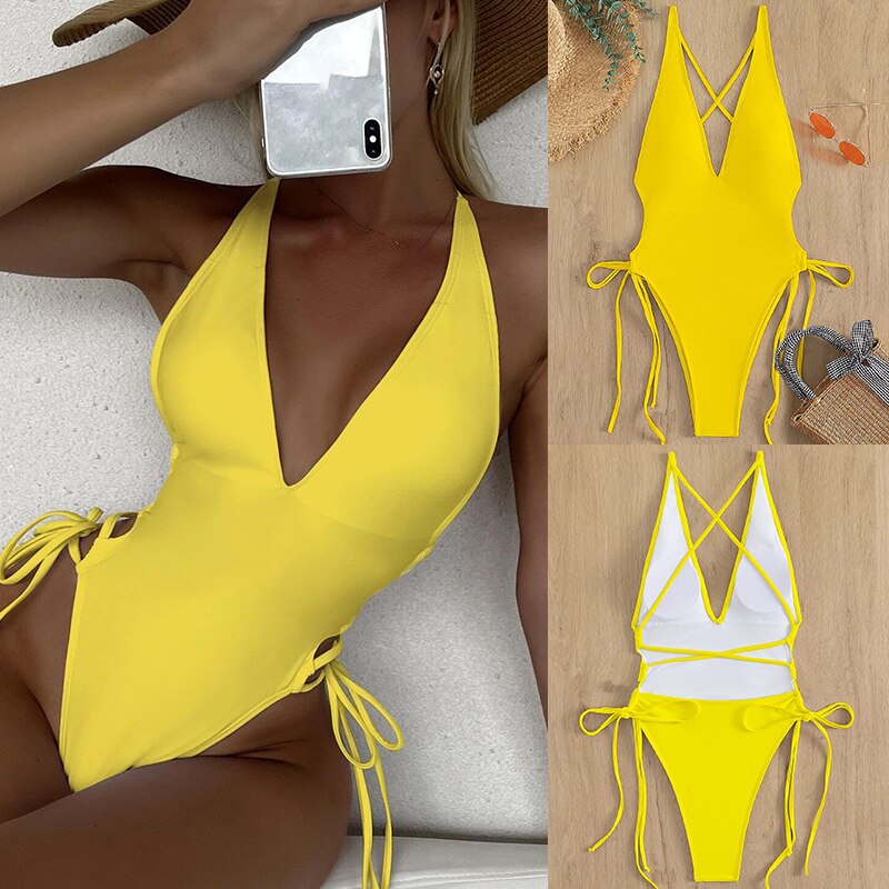 Riseado Sexy Plunging One Piece Swimsuit Lace Up Women's Swimwear 2023 Solid Swimming Suit for Women High Cut Monokini Beachwear