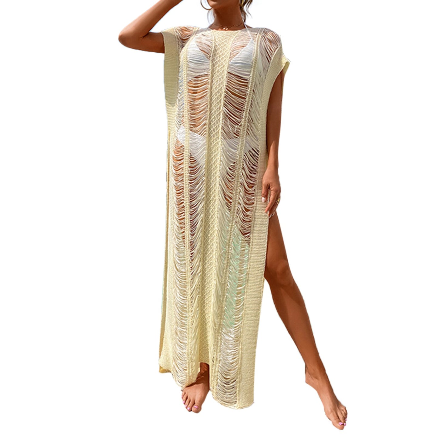 Womens Bikini Cover Ups Casual Hollow Smock Fashion Solid Color Round Neck Slit Long Beach Dress