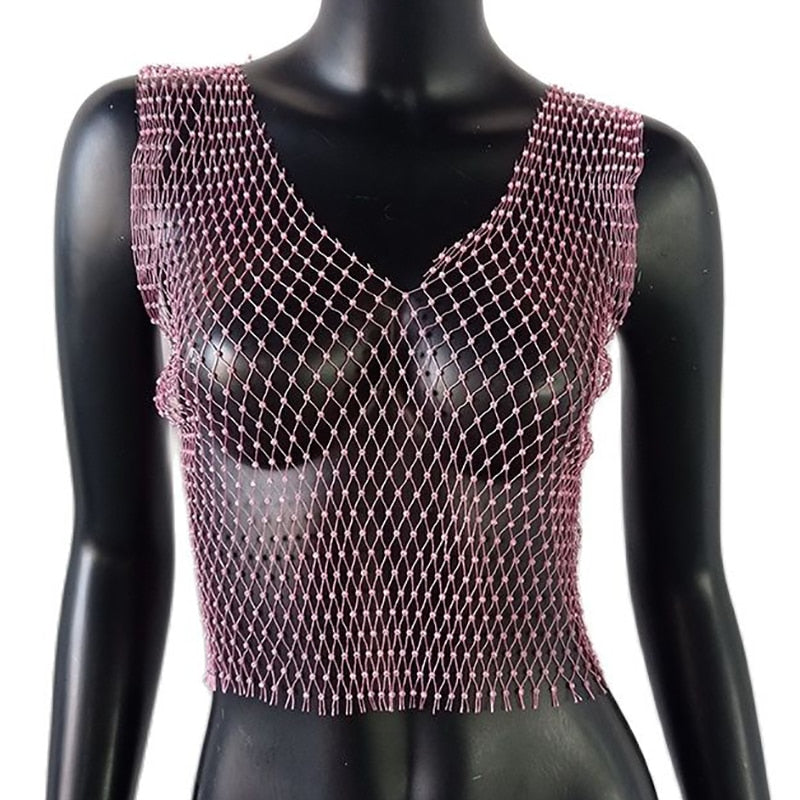 Rhinestone Mesh See-Through Crop Top