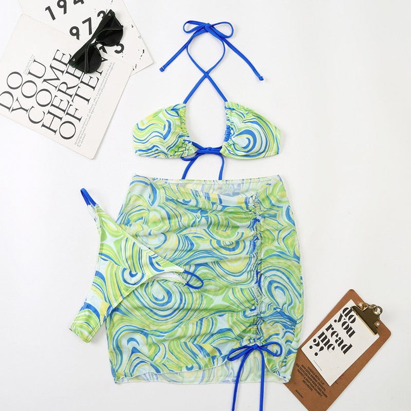 Tie Dye 3-Piece Thong Bikini Set with Skirt